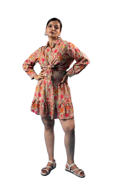 Floral Tie-Front Crop Top &amp; Skirt Co-Ord Set