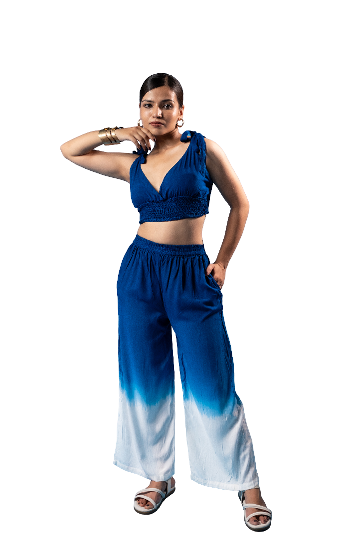 Blue Ombre Tie-Shoulder Crop Top with Wide-Leg Palazzo Set