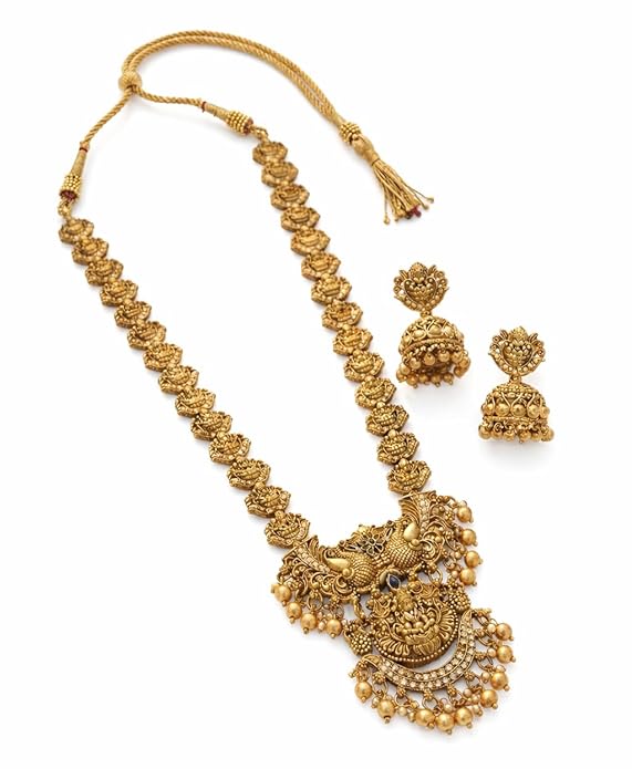 South Indian Traditional Antique Matte Gold Finish Goddess Lakshmi & Peacock Motif Long Necklace Set with Jhumka Earrings for Women | Ethnic Temple Jewellery for Weddings, Brides & Festivals
